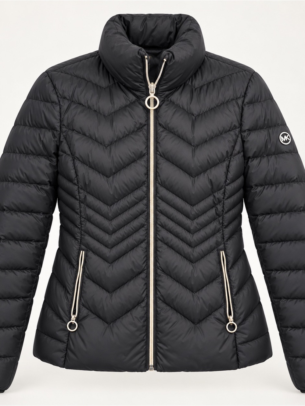 Michael Kors Black Chevron-Quilt Packable Puffer with Gold Trim